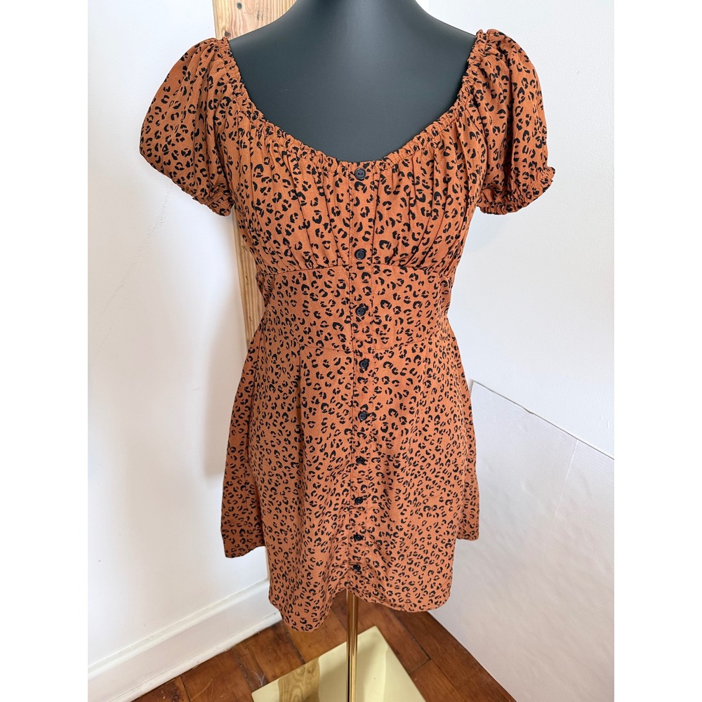 Trixxi Company Leopard Print Puff Sleeve Button‎ Front Mini Dress Size S